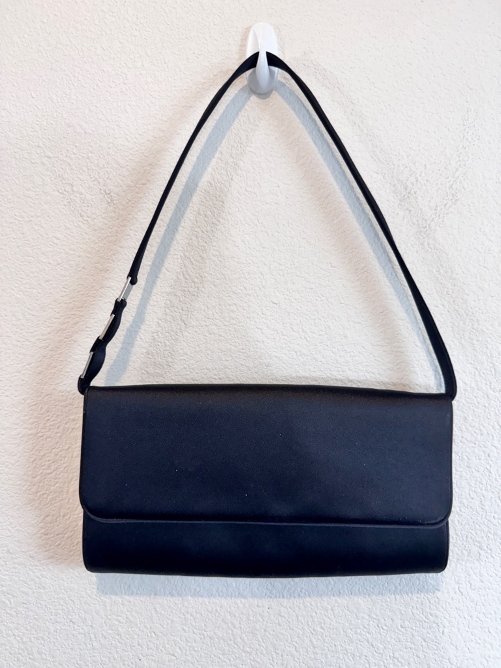 Y2K Minimalist Shoulder Bag Black Satin Rhinestone Strap Baguette Nordstrom C13 - Picture 2 of 9
